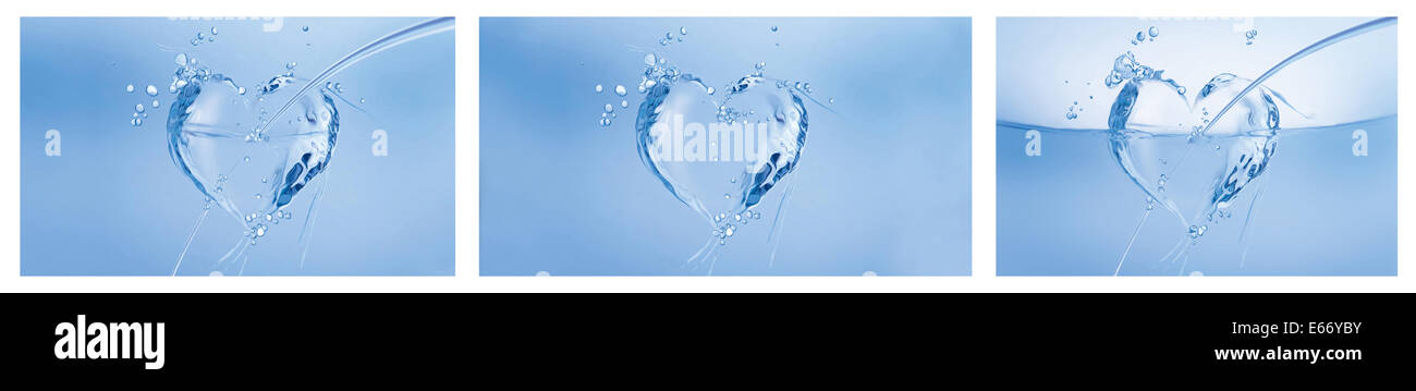 Un collage di tre cuori blu fatto di acqua su bianco. Foto Stock
