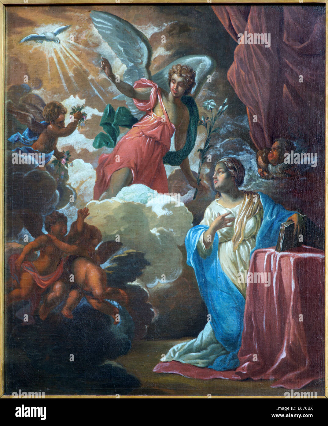 Bruges, Belgio - 12 giugno 2014: l'Annunciazione dipinto di Jan van den Kerckhove 1707 in st. Chiesa Jocobs (Jakobskerk) Foto Stock