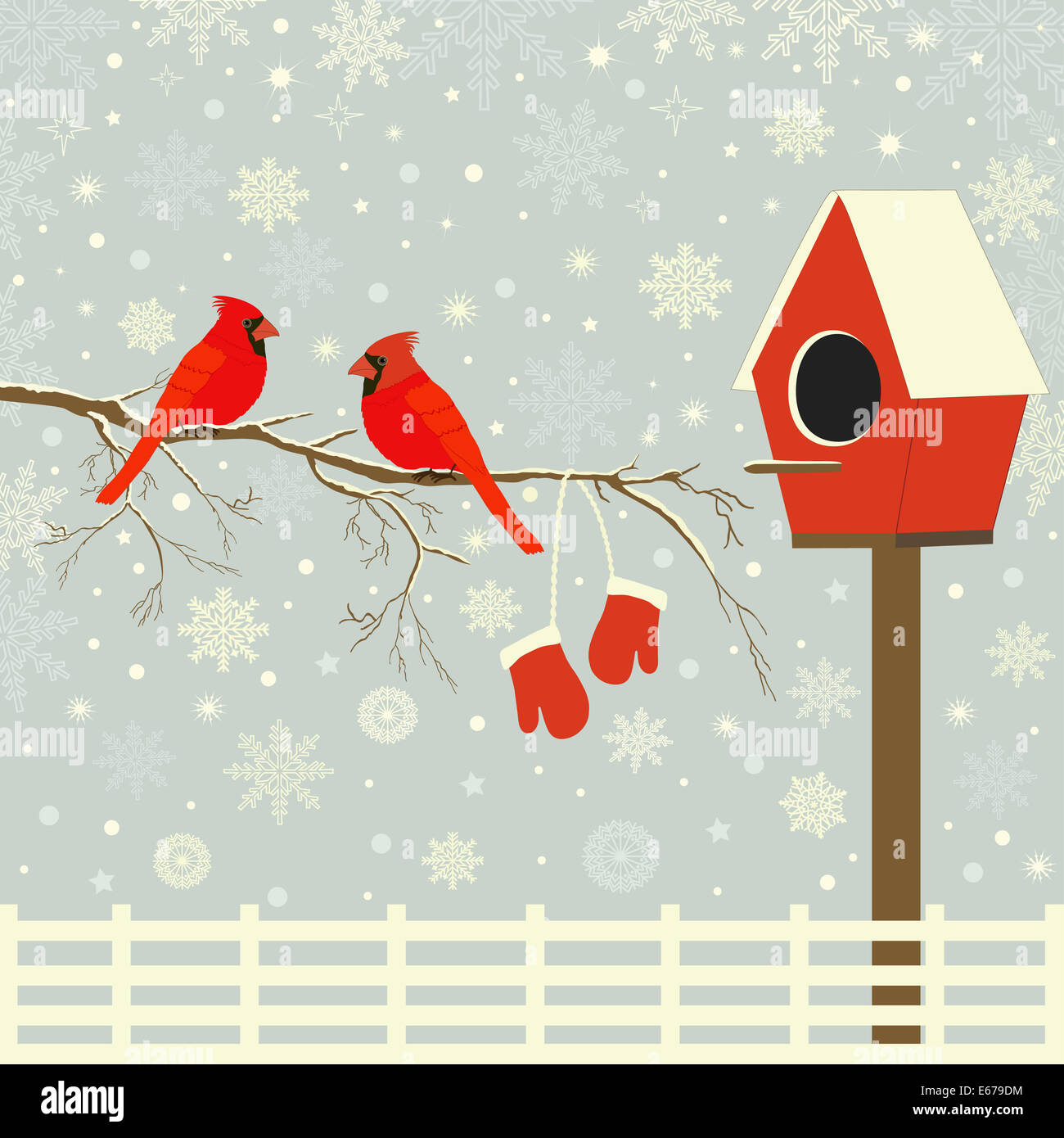 Uccelli rossi sul ramo con la neve e il birdhouse Foto Stock