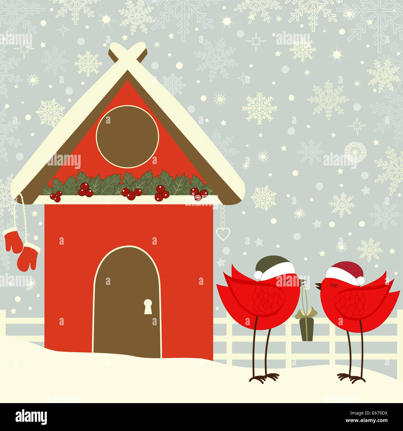 Biglietto di auguri di Natale rosso birdhouse e uccelli rossi Foto Stock