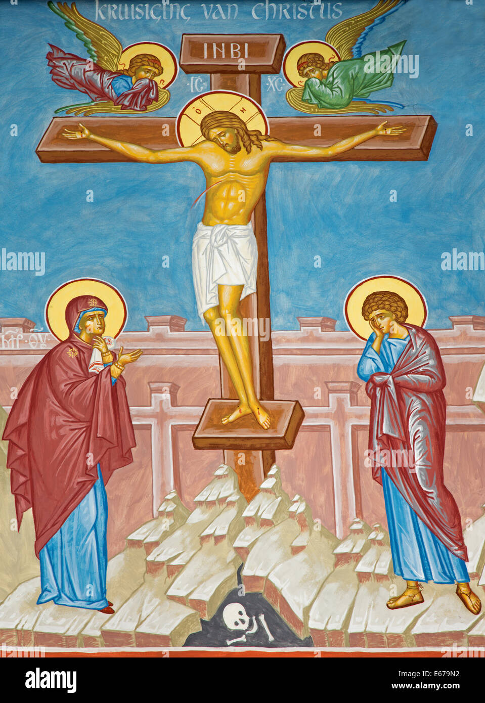 Bruges - affresco della Crocifissione di Gesù in scena a st. Constanstine e Helena orthodx chiesa Foto Stock