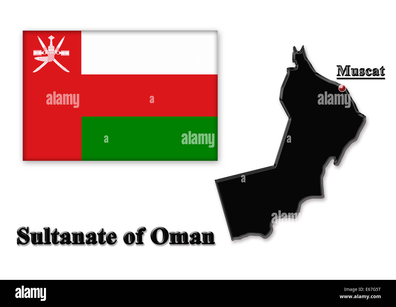 Mappa del Sultanato di Oman nei colori della sua bandiera isolato su bianco Foto Stock