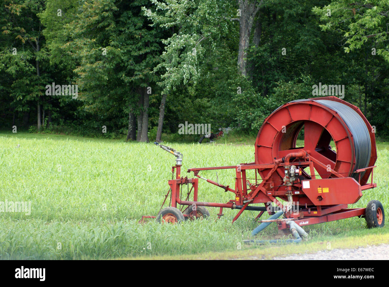 Settore Apparecchiature per irrigazione si siede sul bordo di una lussureggiante campo, pronti per irrigare le colture Foto Stock