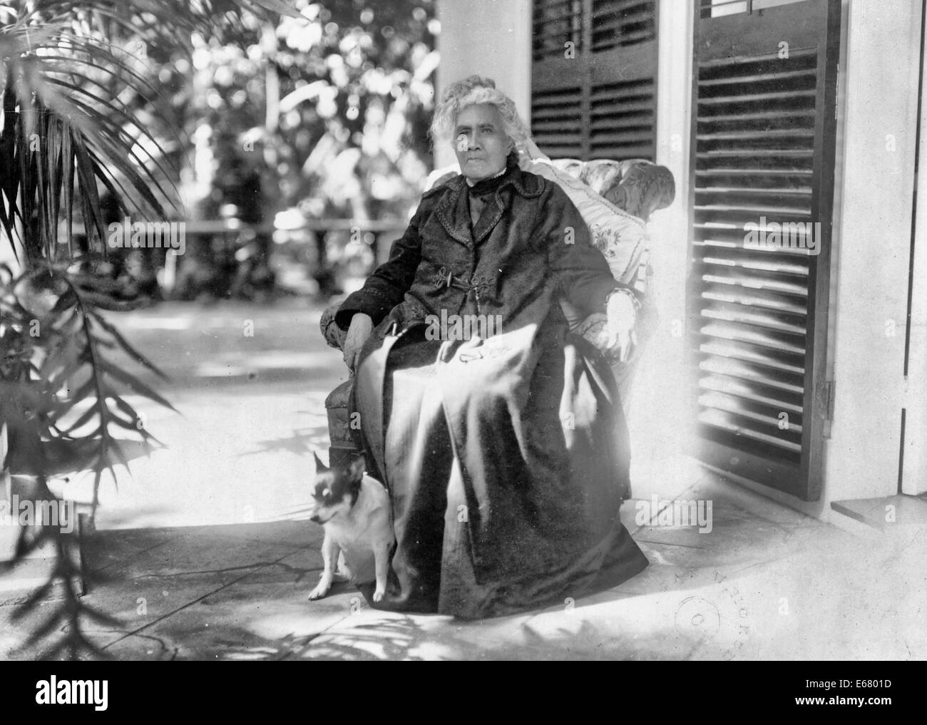 Liliuokalani regina delle Hawaii, ritratto a figura intera, seduto, all'aperto, con il cane, leggermente rivolta verso sinistra, circa 1917 Foto Stock
