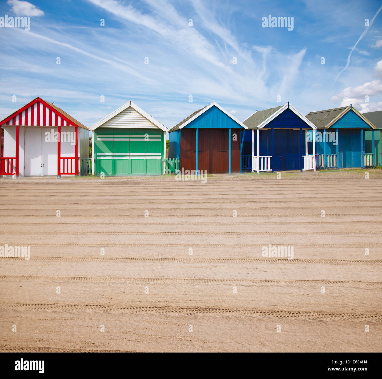 Cabine sulla spiaggia, a sutton sul mare Foto Stock