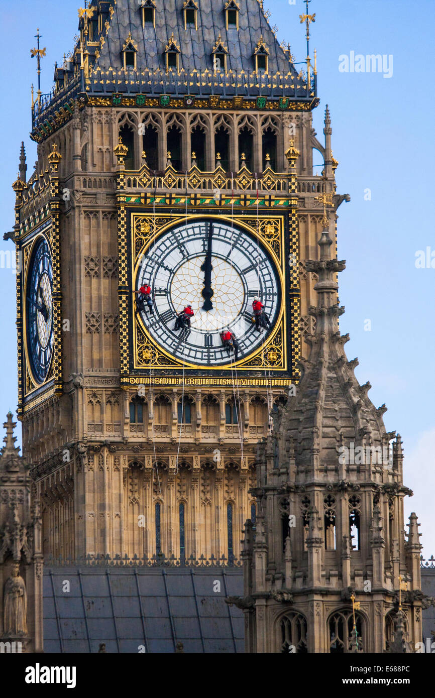 Londra, 18 agosto 2014. Abseilers appendere in alto sopra il Parlamento come hanno pulito il vetro sul fronte di clock su Elizabeth Tower, comunemente noto come il Big Ben, che in realtà è il nome della campana che i suoni di avviso le ore. Credito: Paolo Davey/Alamy Live News Foto Stock