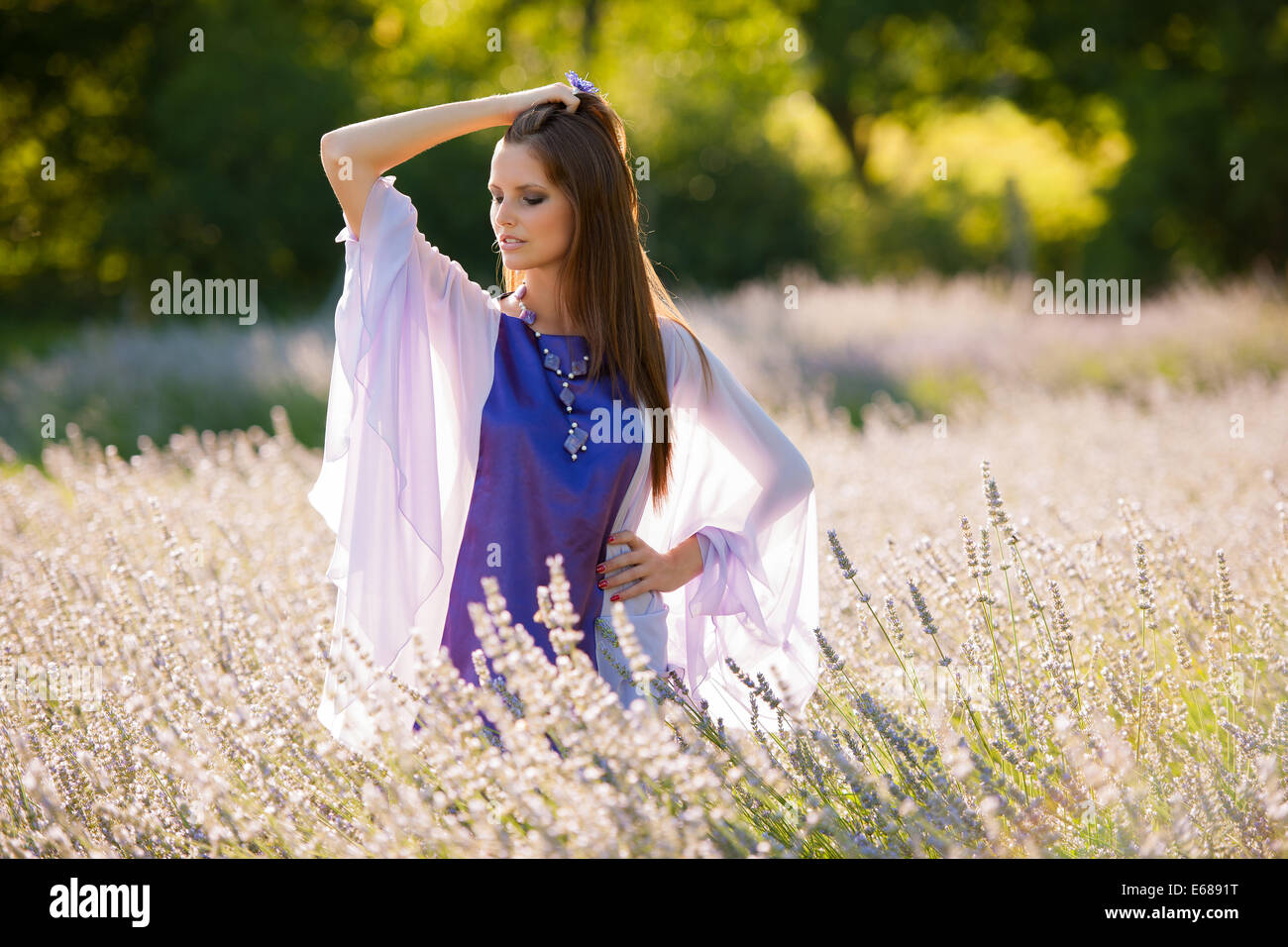 Bella giovane donna sul campo di lavanda - lavanda ragazza a inizio estate Foto Stock