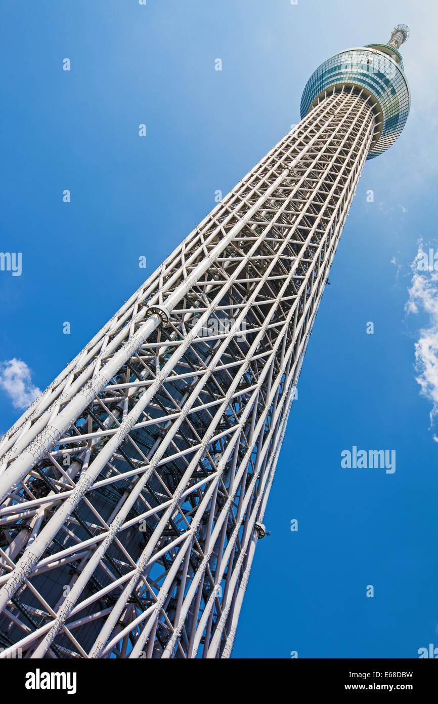 Chiudere fino ad angolo vista della Tokyo Skytree con un chiaro, cielo sereno Foto Stock