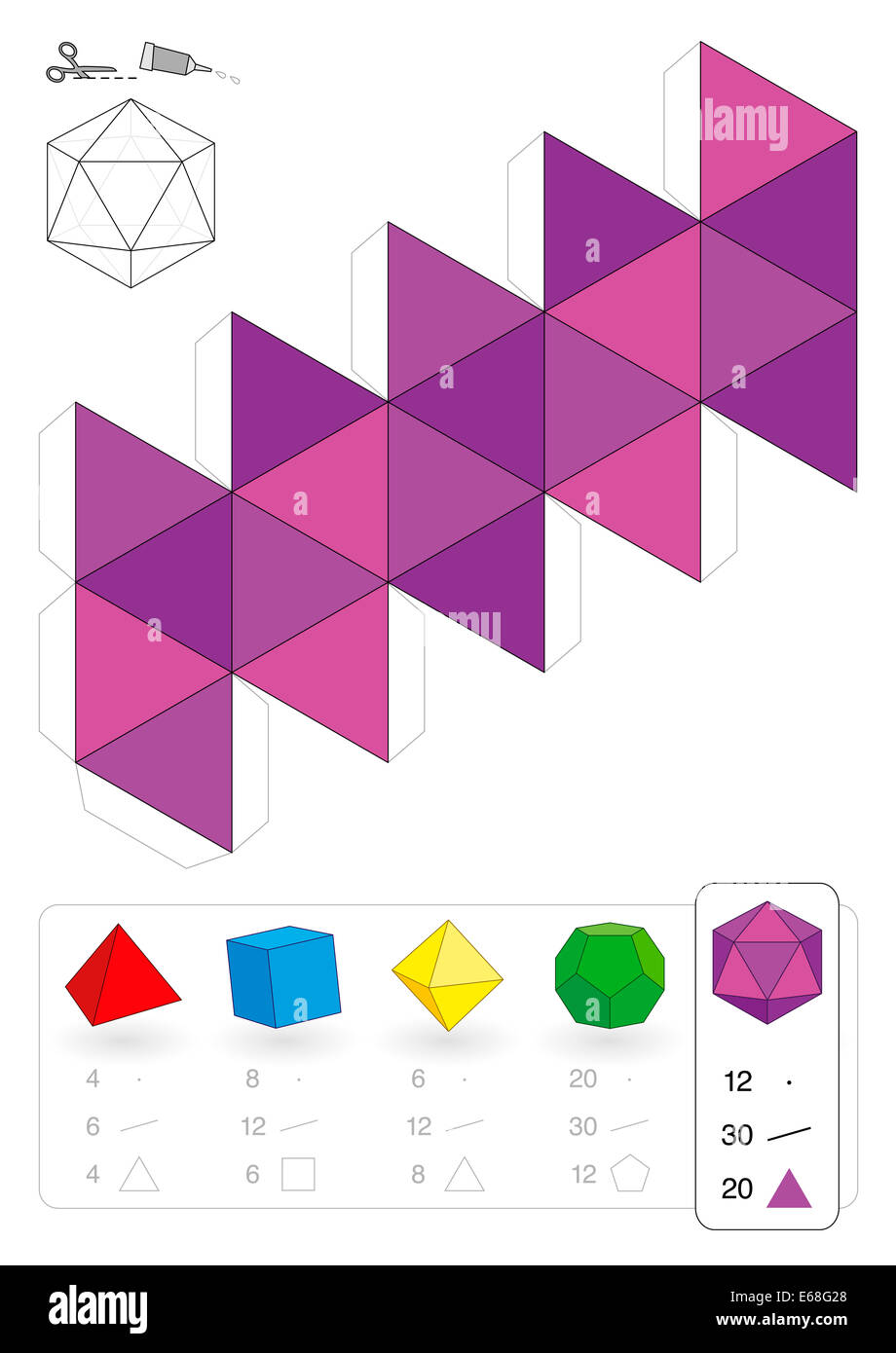 Modello di carta di un icosaedro, uno dei cinque solidi platonici, per rendere tridimensionale il lavoro artigianale fuori dei triangoli Foto Stock