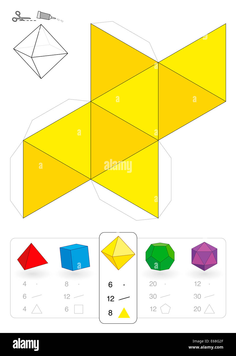 Modello di carta di un ottaedro, uno dei cinque solidi platonici, per rendere tridimensionale il lavoro artigianale fuori dei triangoli. Foto Stock