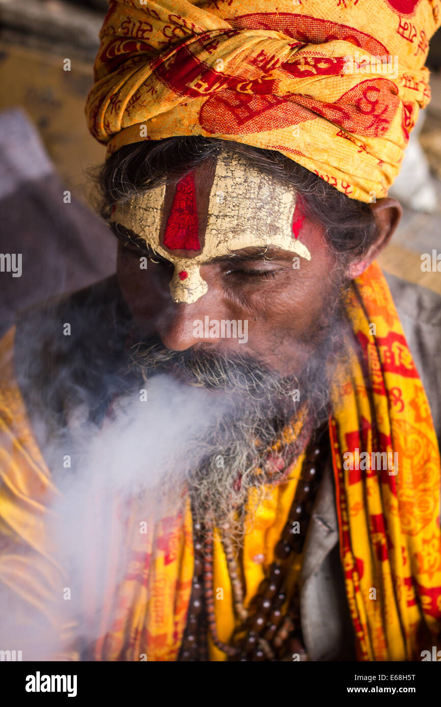 Un sadhu indù (uomo santo) fumando un hash tubo (chillum) presso il Tempio Hindu di Pashupatinath, a Kathmandu, Nepal. Foto Stock