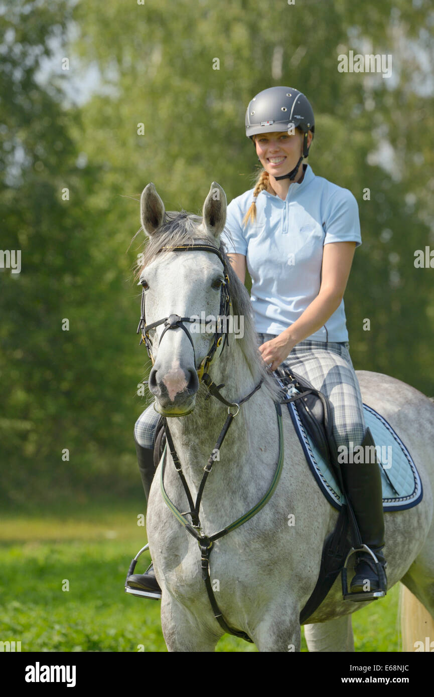 Pilota sul retro di un "elle Français" cavallo (francese warmblood cavallo) passeggiate in estate Foto Stock