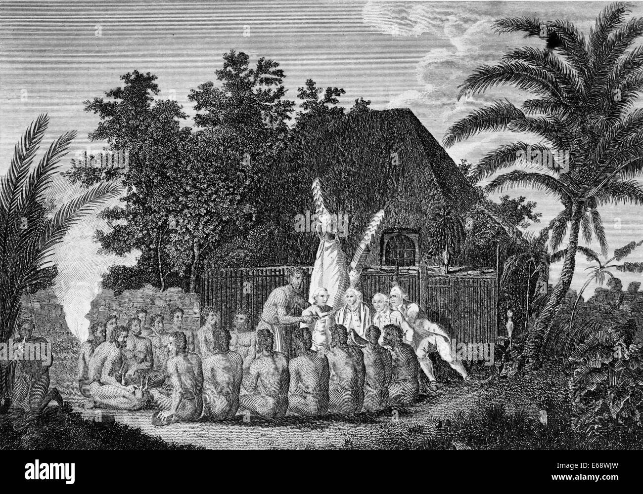 Un offerta prima del Capitano Cook nel Sandwich Islands - il Capitano James Cook e quattro dei suoi uomini con i nativi, Hawaii, 1770 Foto Stock