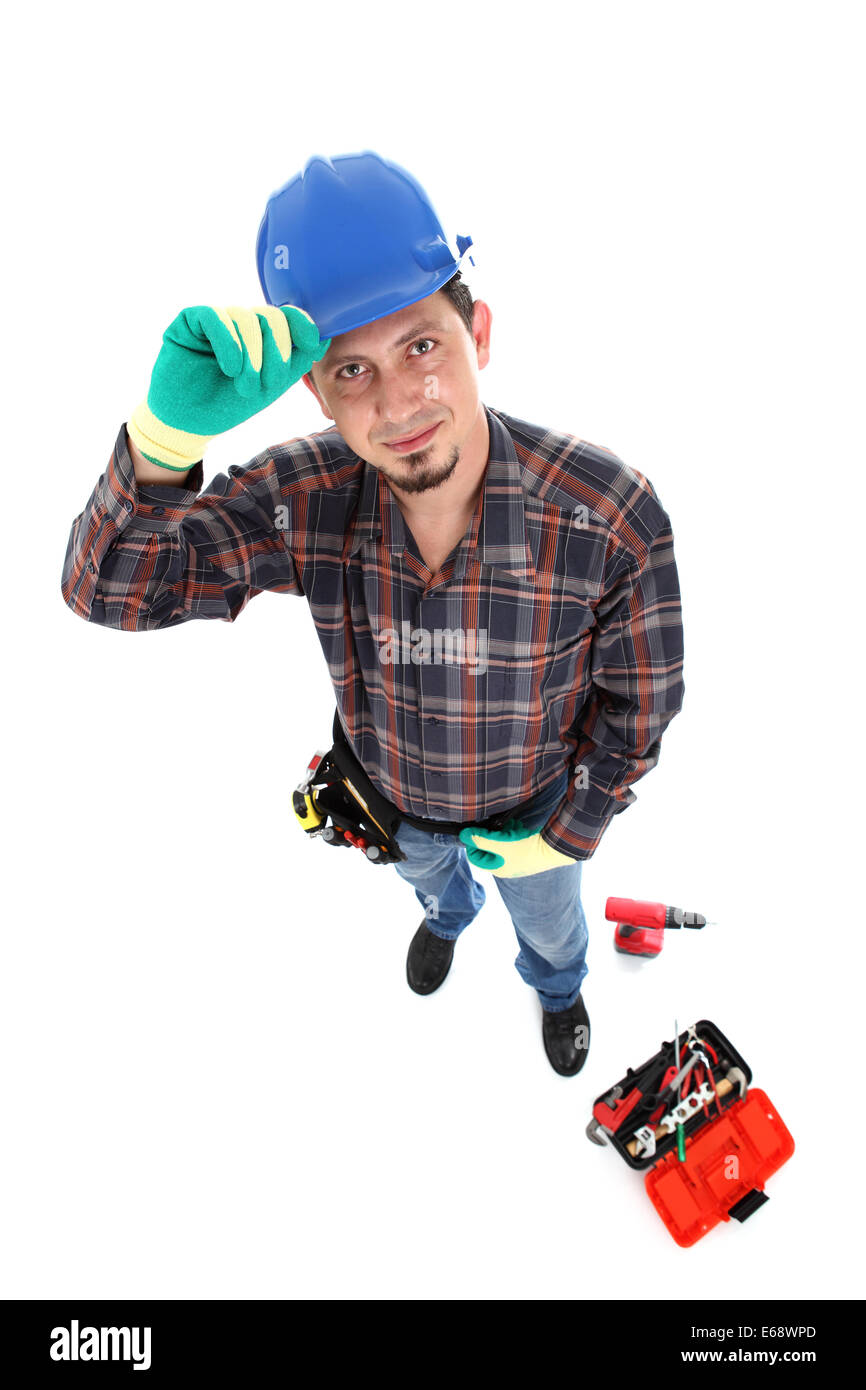 Sorridenti giovani caucasici lavoratore manuale vista da sopra Foto Stock