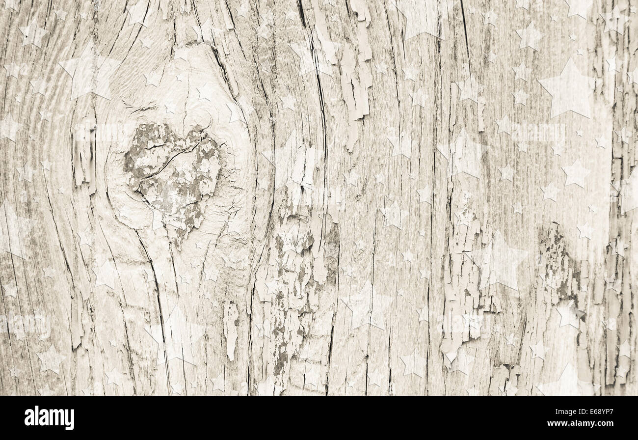 Beige e legno bianco sullo sfondo di Natale con stelle in shabby chic stile. Foto Stock