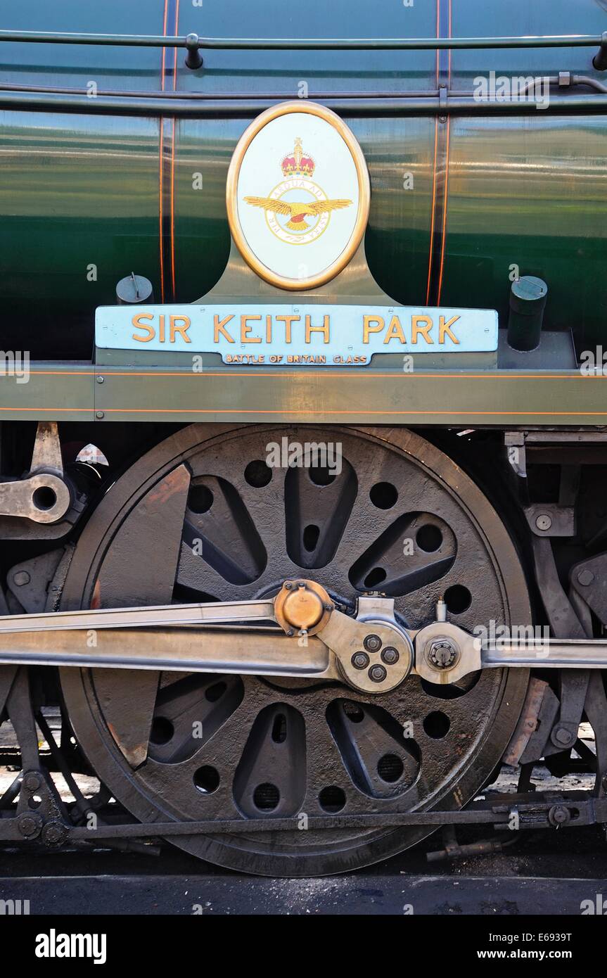 La regione meridionale battaglia della Gran Bretagna classe locomotiva a vapore numero 34053 'Sir Keith Park' che mostra la targa dati. Foto Stock