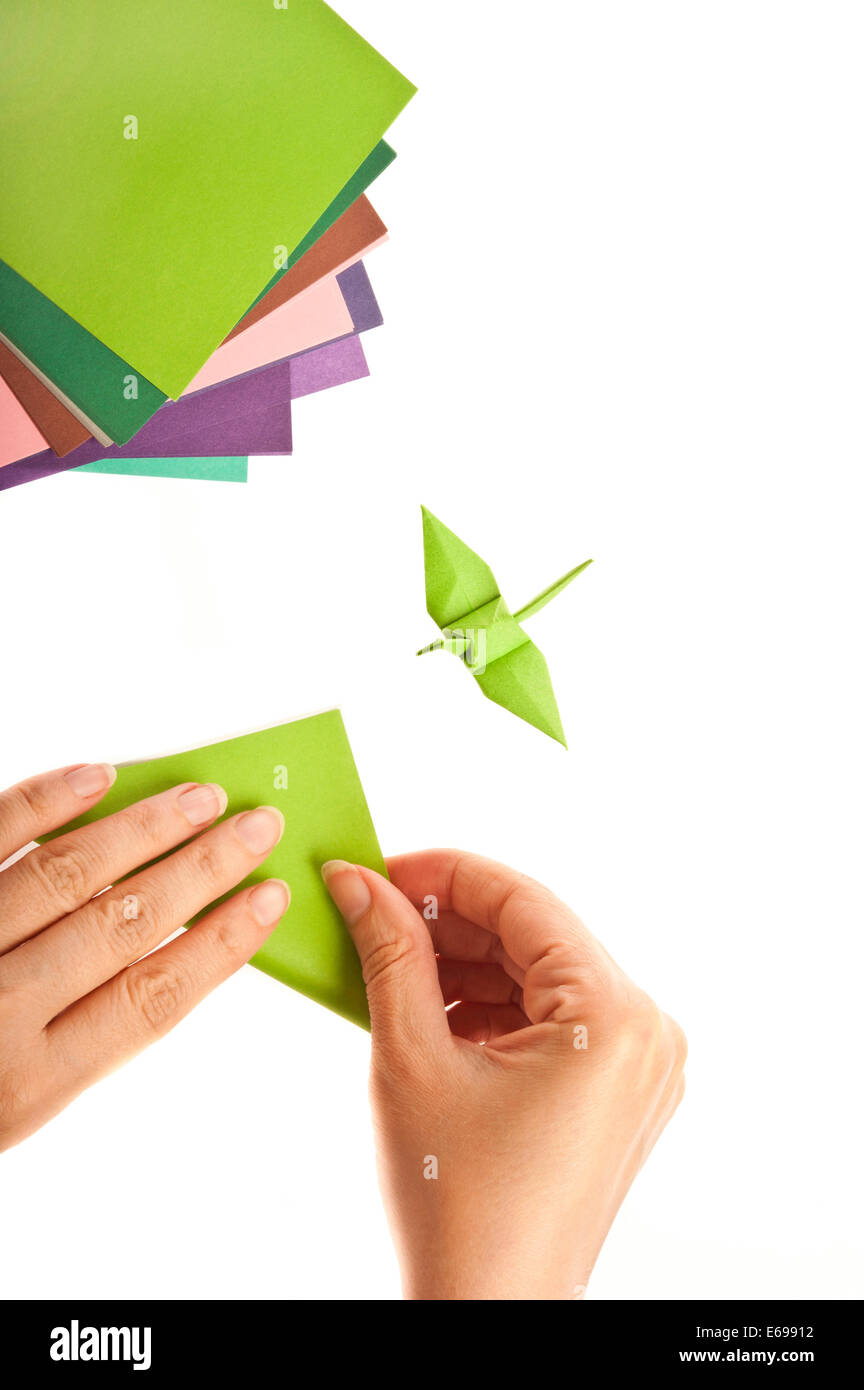 Le mani la piegatura di un uccello origami Foto Stock