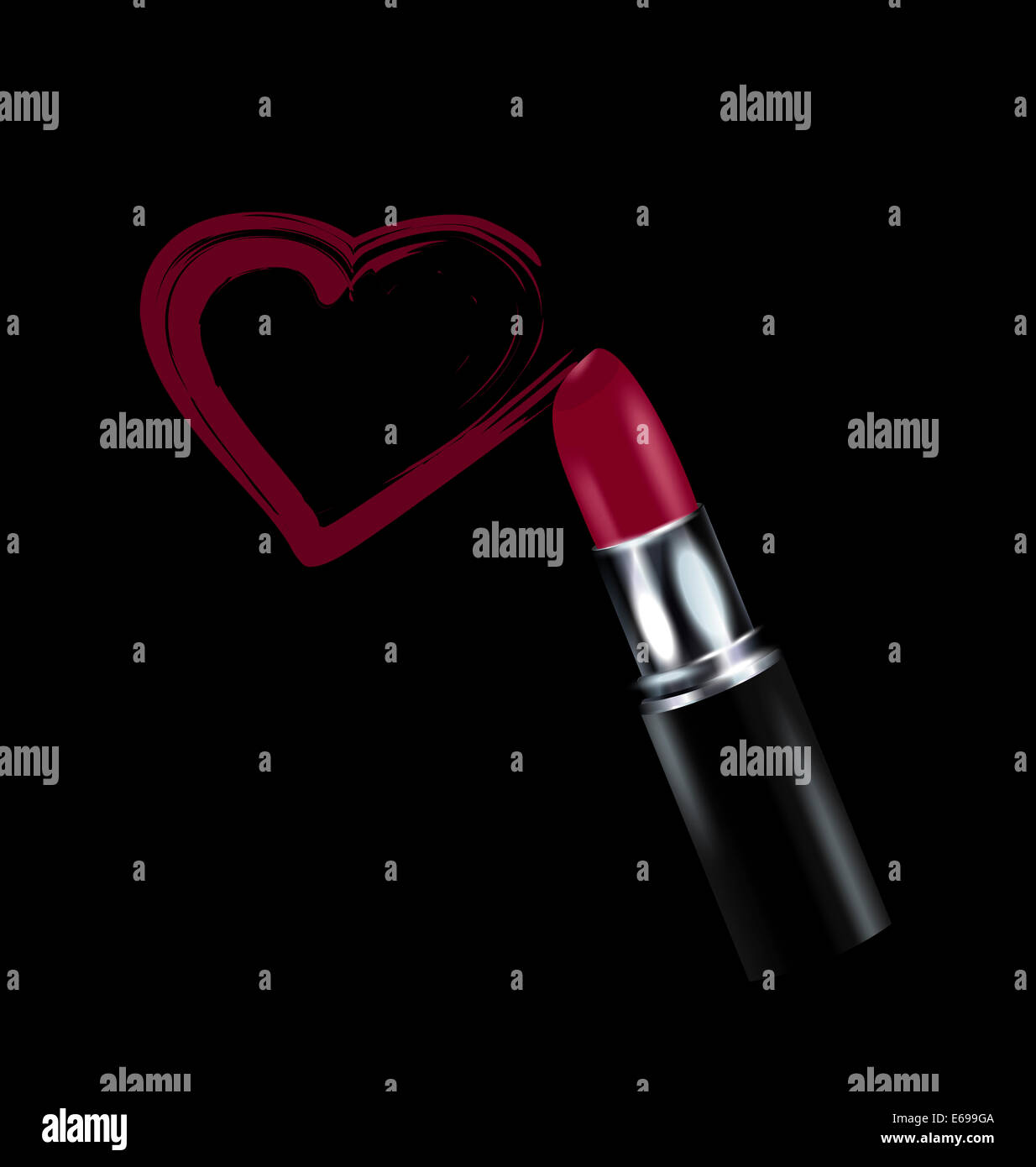 Lo sfondo scuro e rosso-viola rossetto in nero con cuore Foto Stock