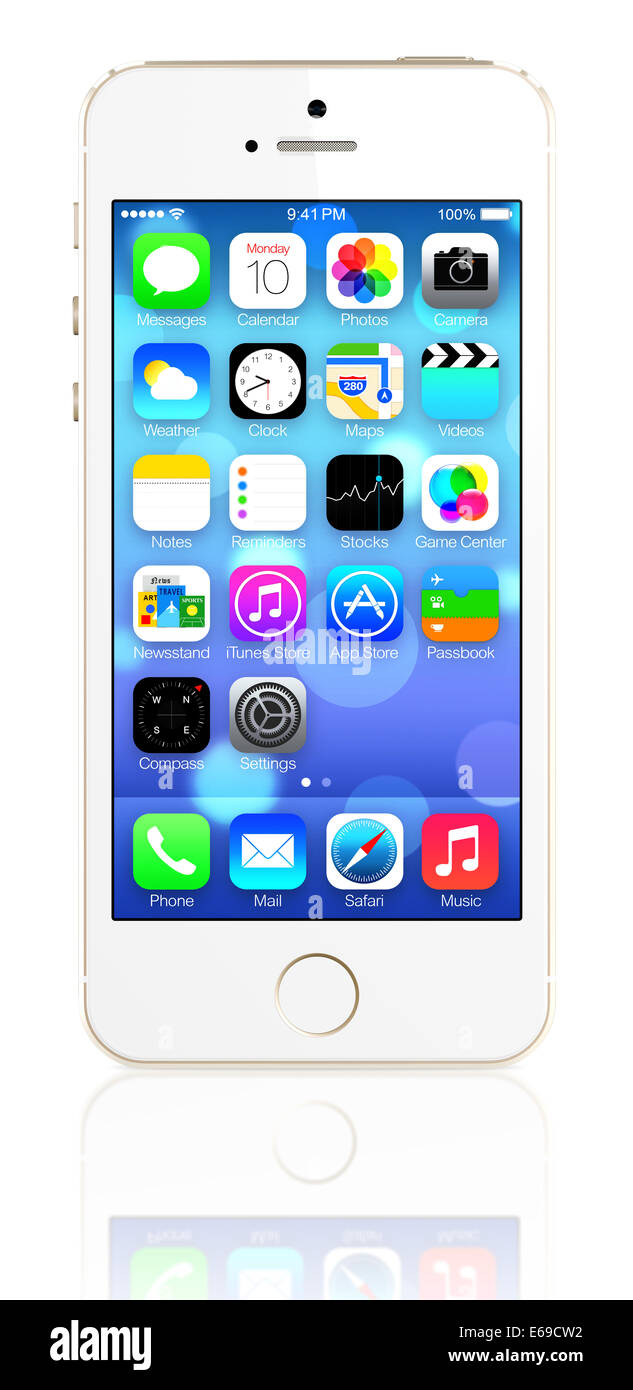 Oro iPhone 5s che mostra la schermata iniziale con iOS7. Foto Stock