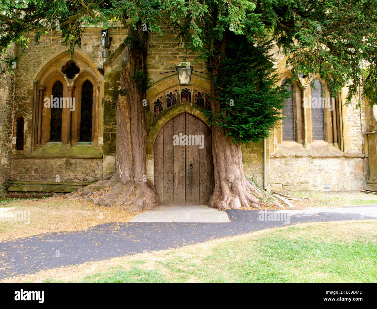 St Edward's chiesa parrocchiale porta nord fiancheggiata da alberi di tasso, Stow-su-il-Wold, Gloucestershire, Regno Unito Foto Stock