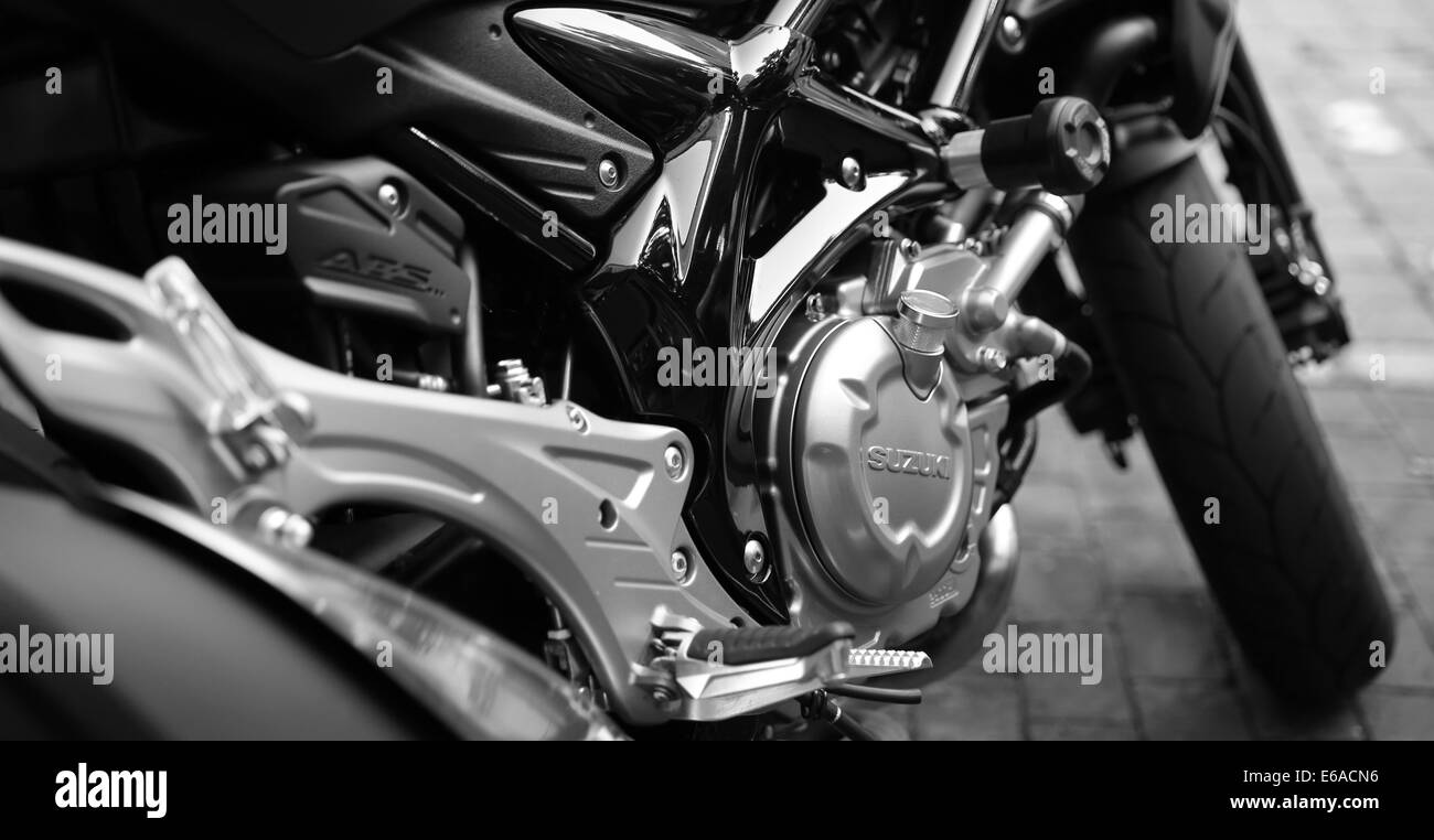 Motociclo suzuki motor argento lucido del cilindro Foto Stock