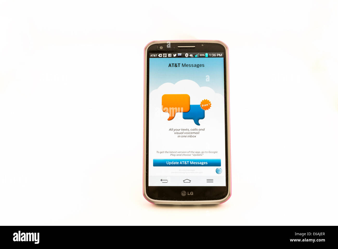 Un LG G2 telefono cellulare mostrando su schermo con la AT&logo T. Isolato su bianco. Stati Uniti d'America Foto Stock