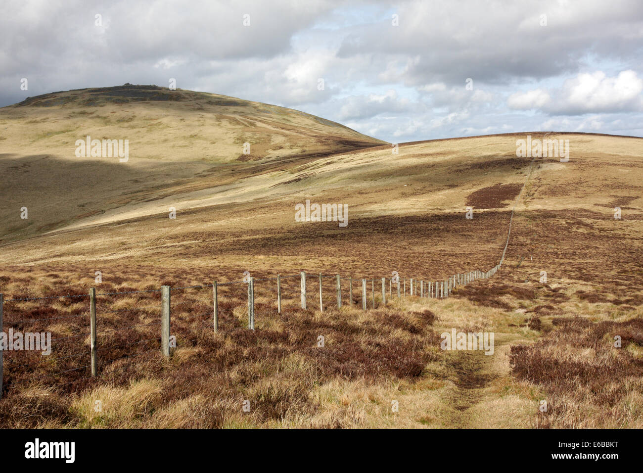 A seguito del The Pennine Way lungo la frontiera scozzese recinto nel Cheviots, Northumberland, Regno Unito. Il picco a sinistra è il Schil Foto Stock