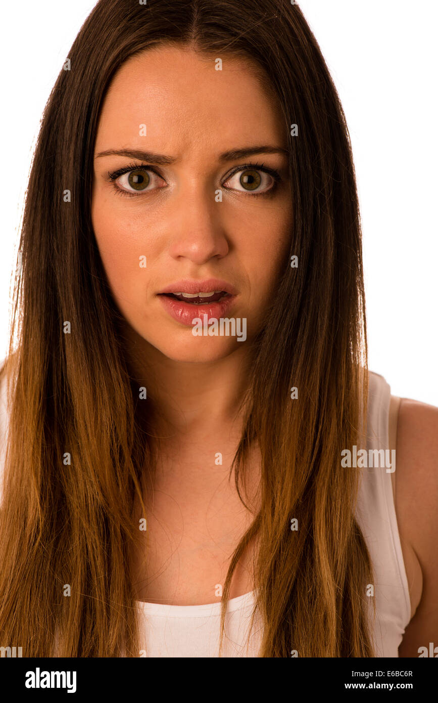 Frightened donna - ragazza preety gesticolando paura isolato Foto Stock