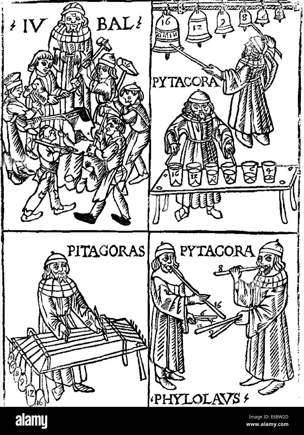 FRANCHINO GAFFURIO (1451-1522) Italiano teorico musicale. Pitagora sperimentando con note musicali da Theorica musicae 1492 Foto Stock