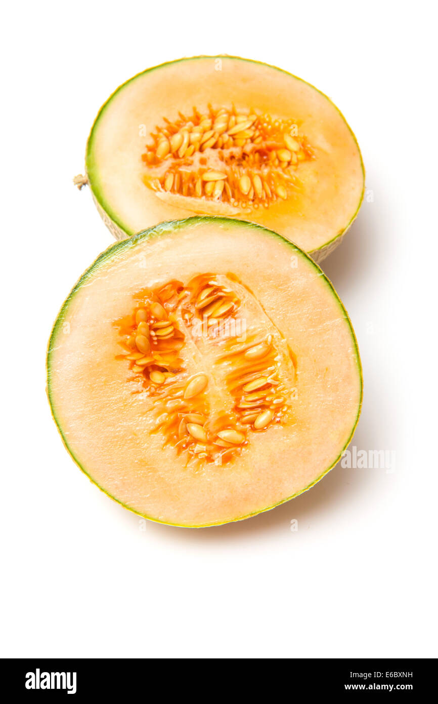 Melone melone frutta (Cucumis melo) isolato su una bianca di sfondo per studio. Foto Stock