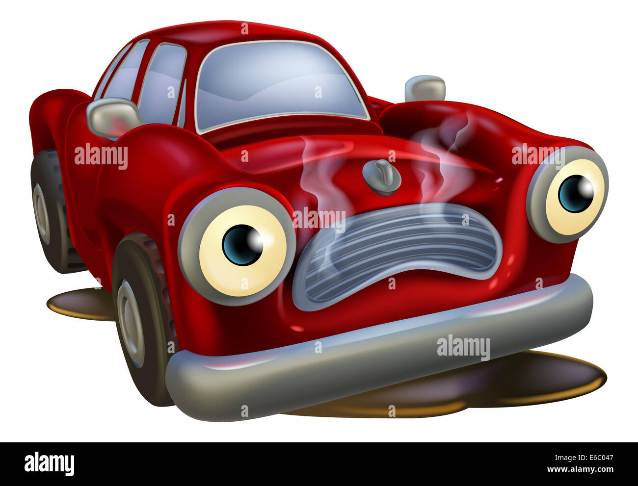 Un triste cartoon mascotte di auto che ha bisogno di un meccanico o garage Foto Stock