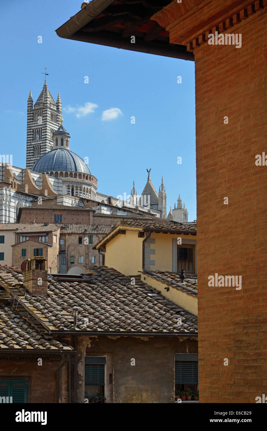 Siena, Toscana, Italia, Europa - Duomo di Siena, Siena, Toscana, Italia, Europa - attraverso il rosso sui tetti della città Foto Stock
