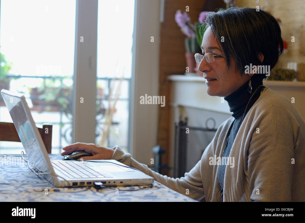 Donna di mezza età utilizzando un computer portatile a casa Foto Stock