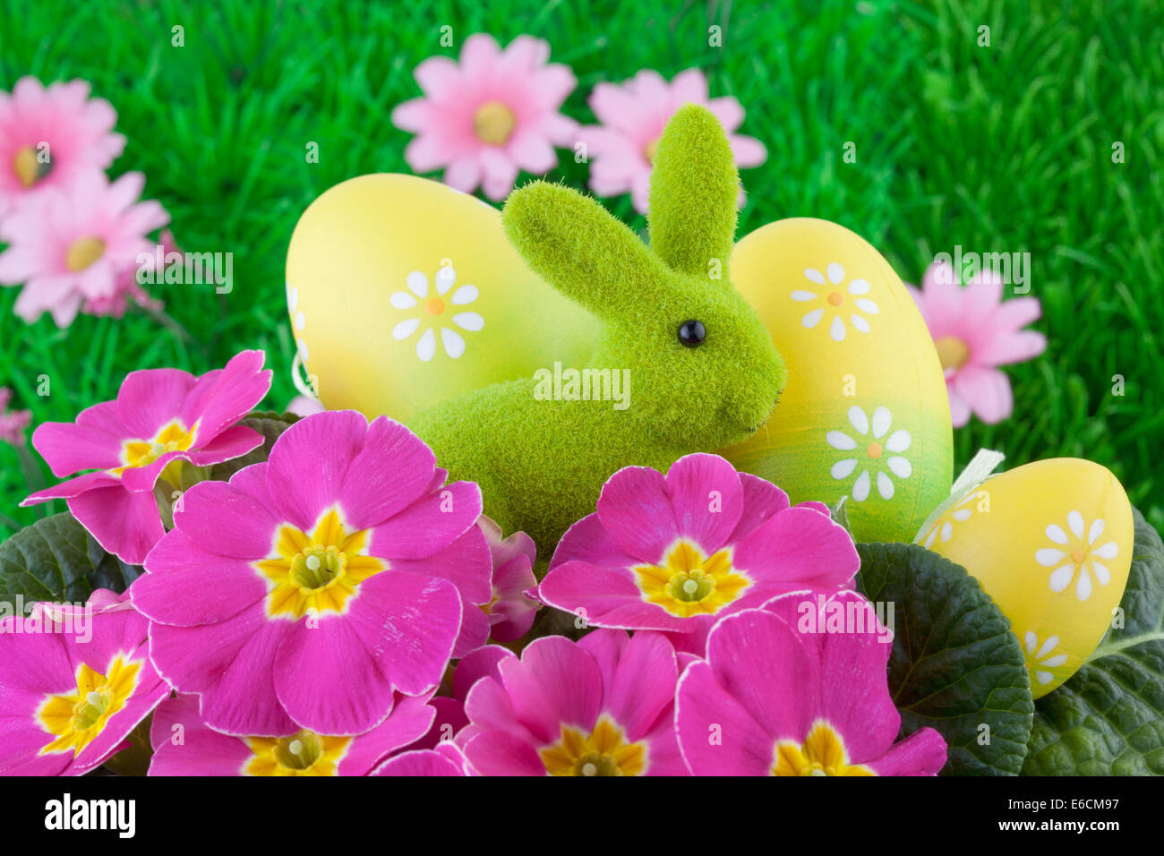 Coniglietto di pasqua con le uova di Pasqua su erba verde Foto Stock