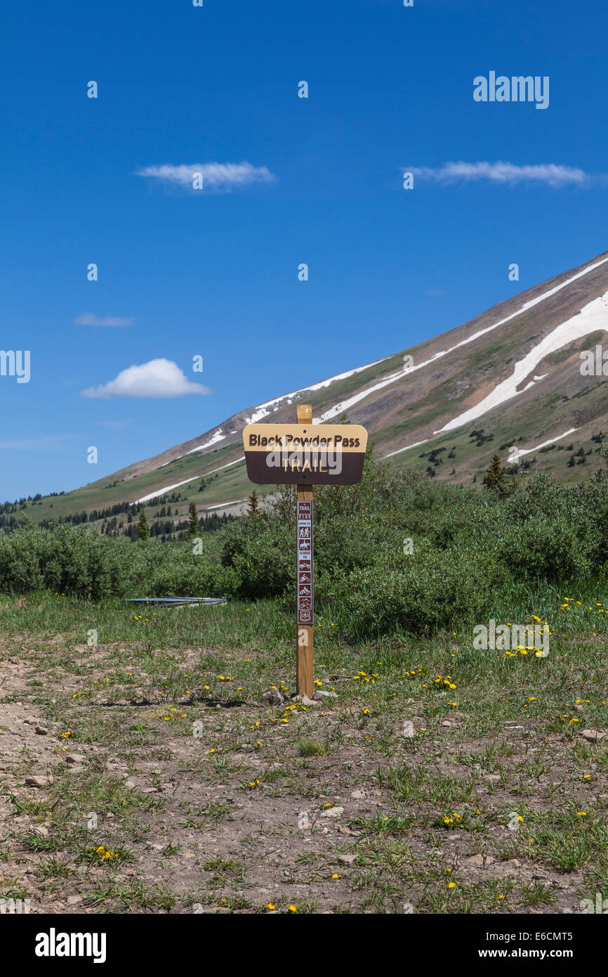 Segno sulla Boreas Pass Road in Colorado. Il Denver, South Park e Pacific Narrow Gauge Railroad una volta servita questa zona. Foto Stock