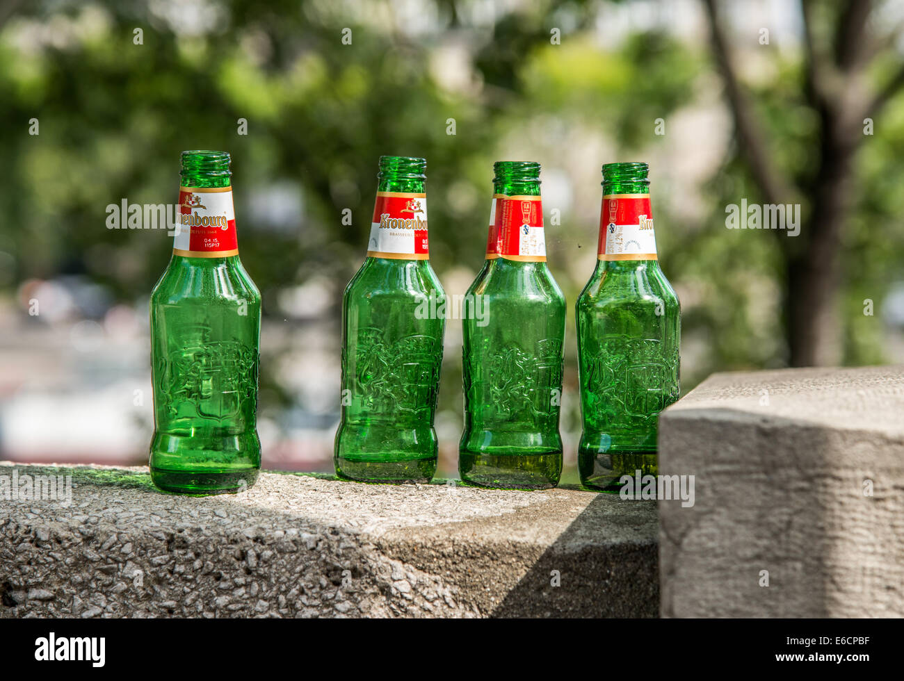 Verde di vuoti di bottiglie di birra su di un muro di pietra. Foto Stock