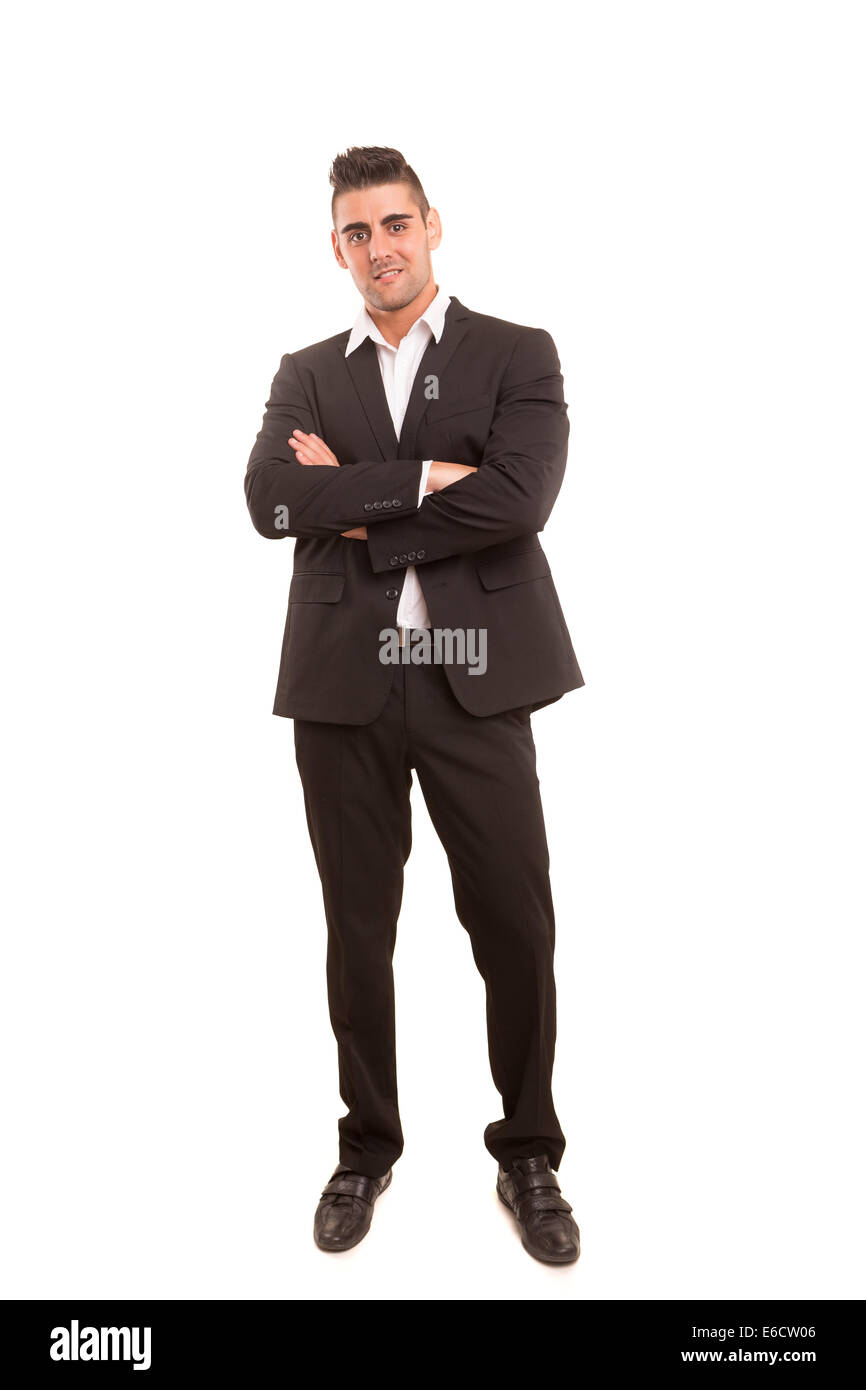 Bel giovane uomo d affari che pongono isolate su sfondo bianco Foto Stock