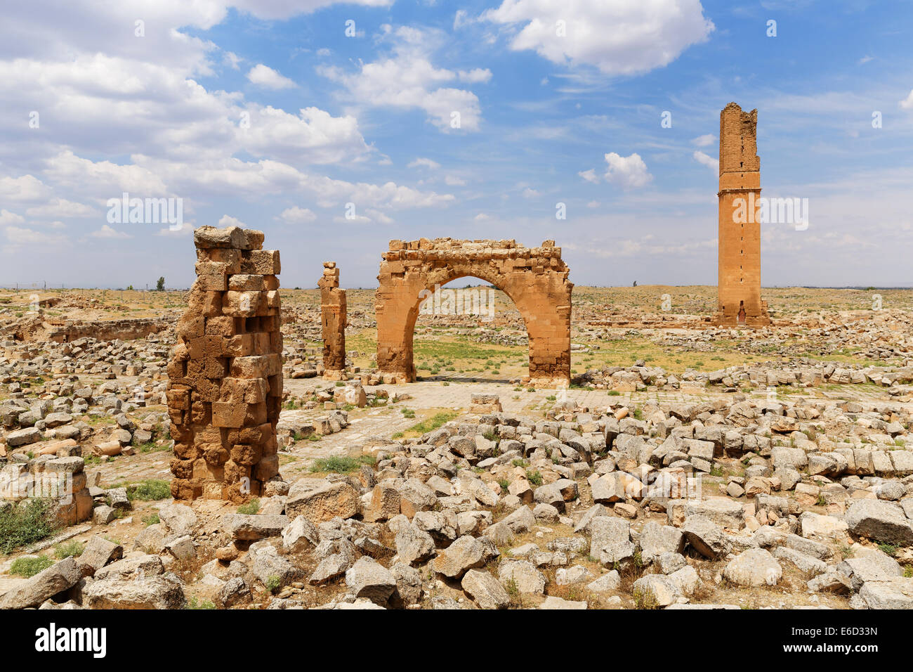 I ruderi di antiche università di Harran e il minareto della Grande Moschea o Ulu Camii, Harran, Şanlıurfa Provincia Foto Stock