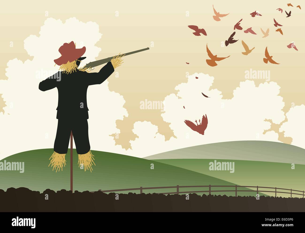 Modificabile illustrazione vettoriale di uno spaventapasseri piccioni di tiro con un fucile da caccia Illustrazione Vettoriale