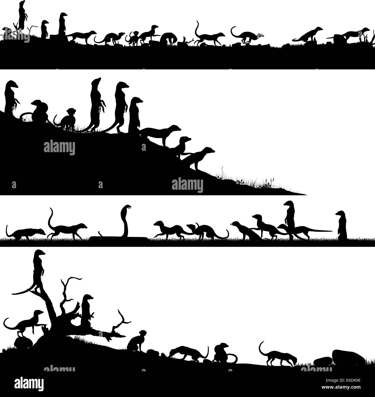 Set di vettoriale modificabile silhouettes di primo piano di meerkats africana con gli animali come oggetti separati Illustrazione Vettoriale