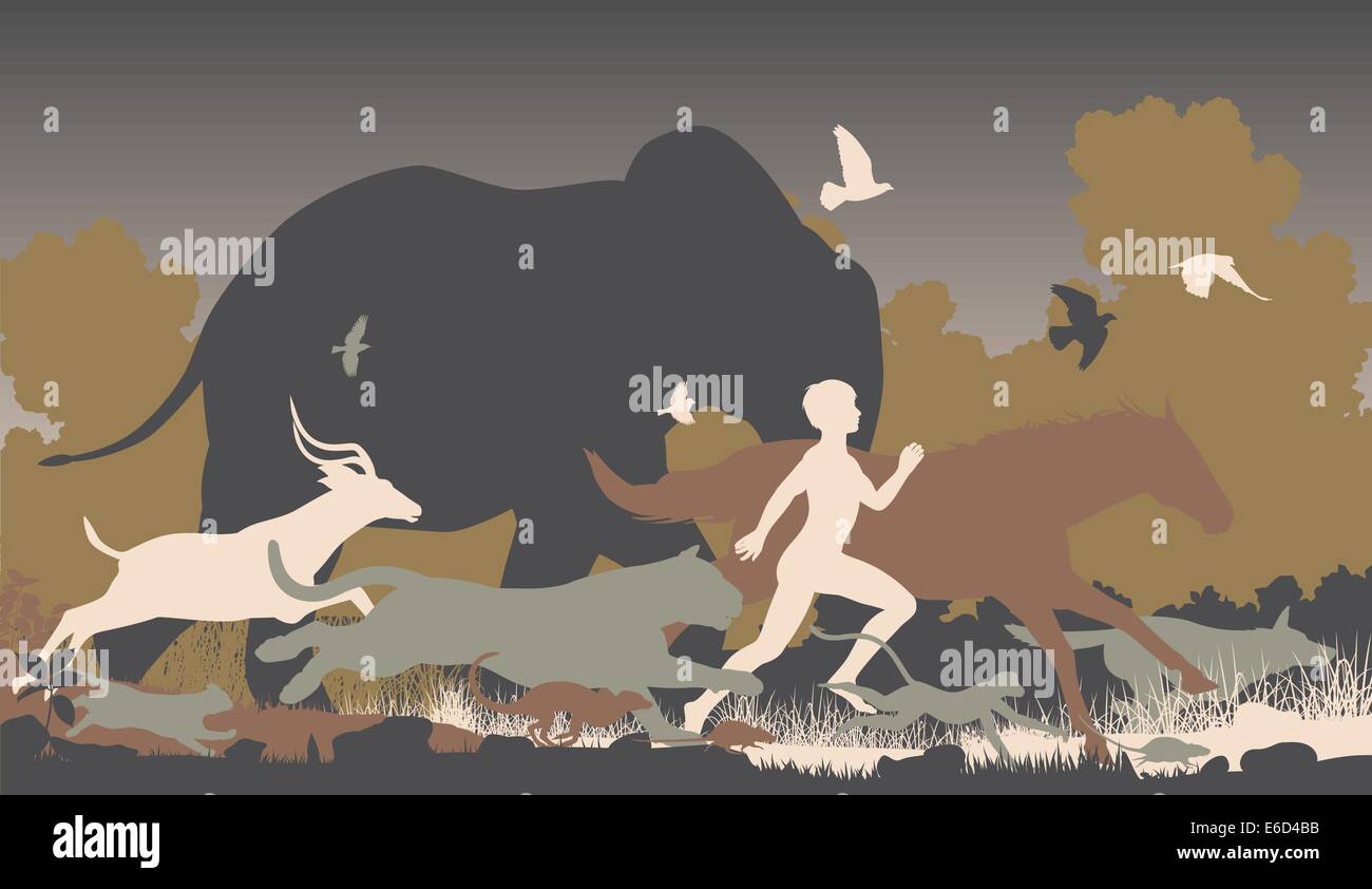 Vettore modificabile sagome di un uomo correre insieme con vari animali Illustrazione Vettoriale