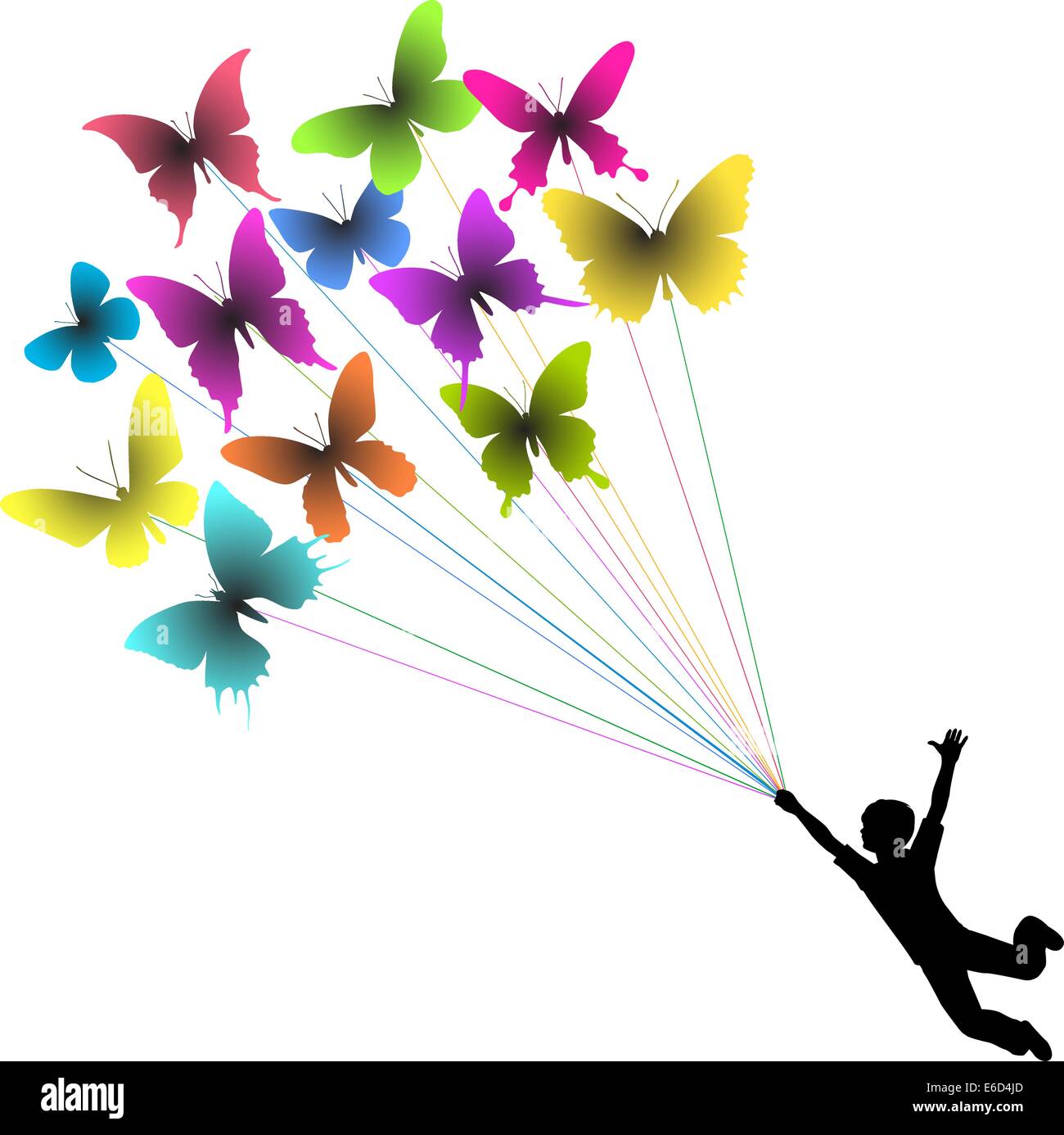 Silhouette di vettore di un ragazzo portato da volare farfalle Illustrazione Vettoriale