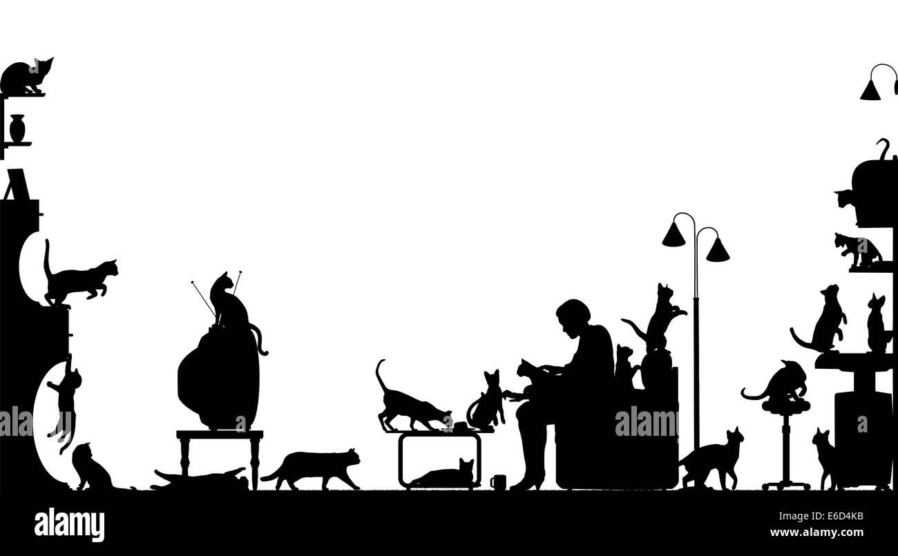 In primo piano la silhouette di una donna in un salotto con venti gatti; con tutti gli elementi come separati oggetti modificabili Illustrazione Vettoriale