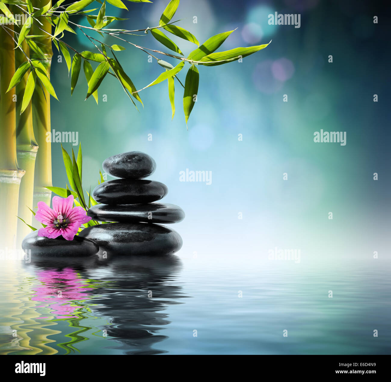 Torre di pietra nera e hibiscus con bambù sull'acqua Foto Stock