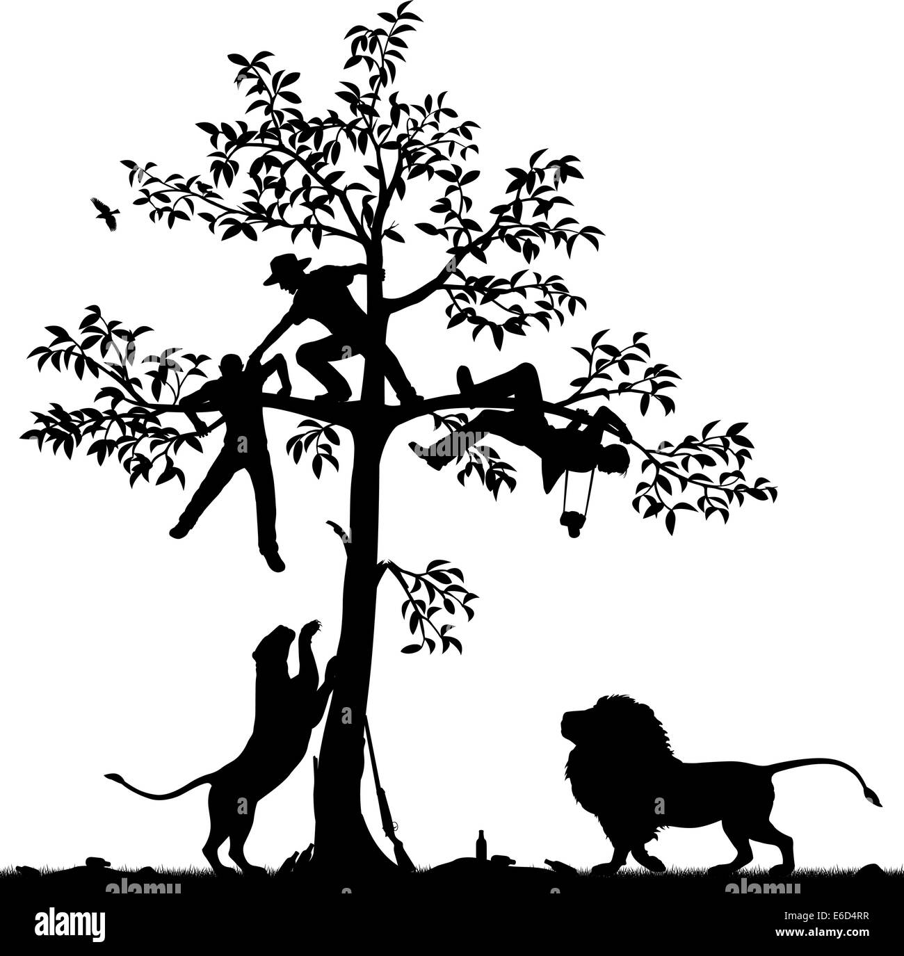 Vettore modificabile silhouette di tre uomini inseguiti in un albero da una coppia di leoni con tutti i dati come oggetti separati Illustrazione Vettoriale