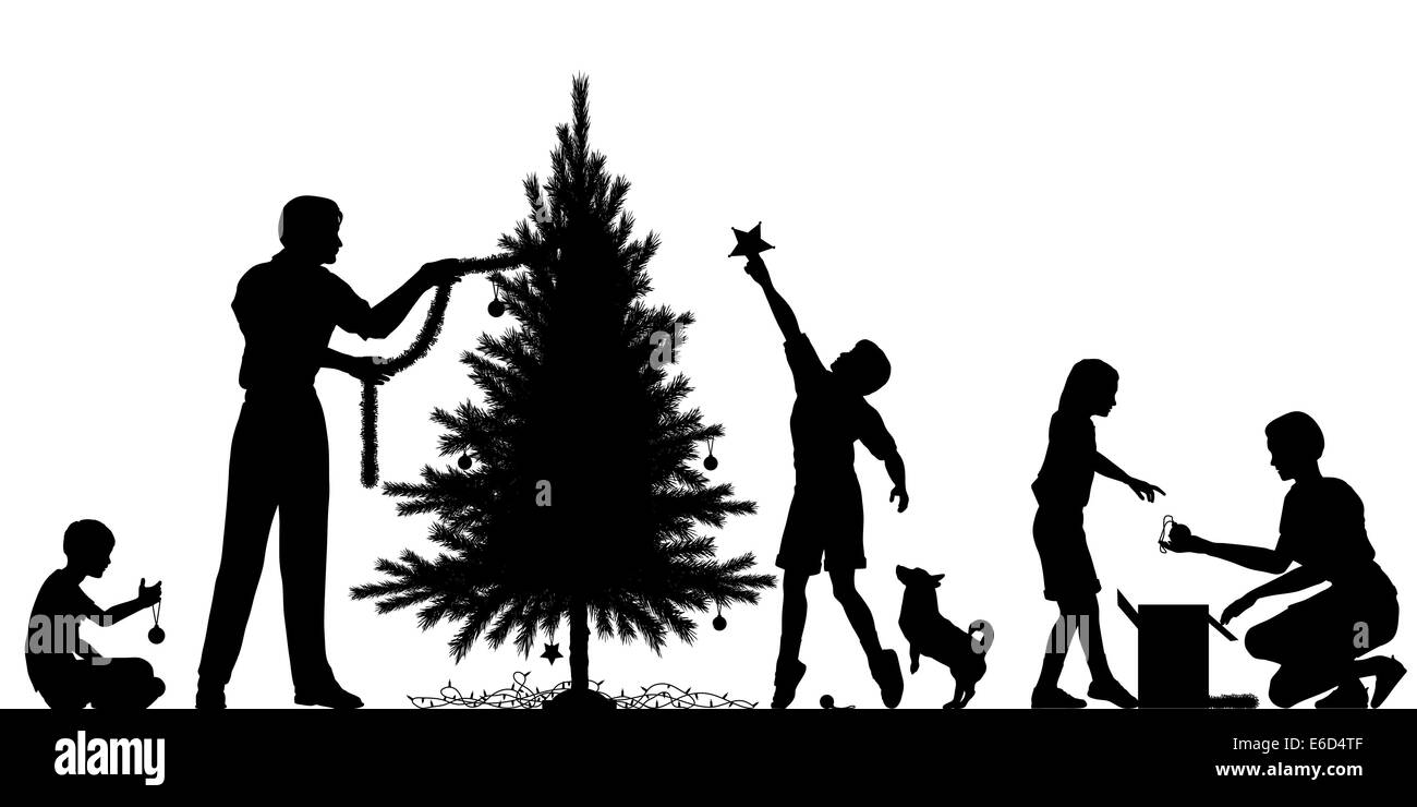 Vettore modificabile silhouette di una famiglia decorare un albero di Natale con tutti gli elementi come oggetti separati Illustrazione Vettoriale