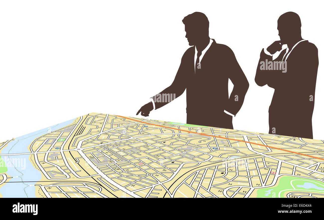 Modificabile illustrazione vettoriale di due uomini stavano in piedi da una generica mappa della città Illustrazione Vettoriale