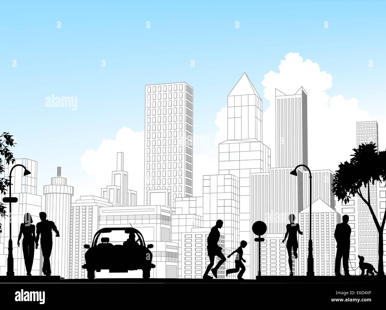 Vettore modificabile silhouette di una strada molto trafficata con edifici della città come sfondo; silhouette di tutti gli elementi come oggetti separati. Illustrazione Vettoriale