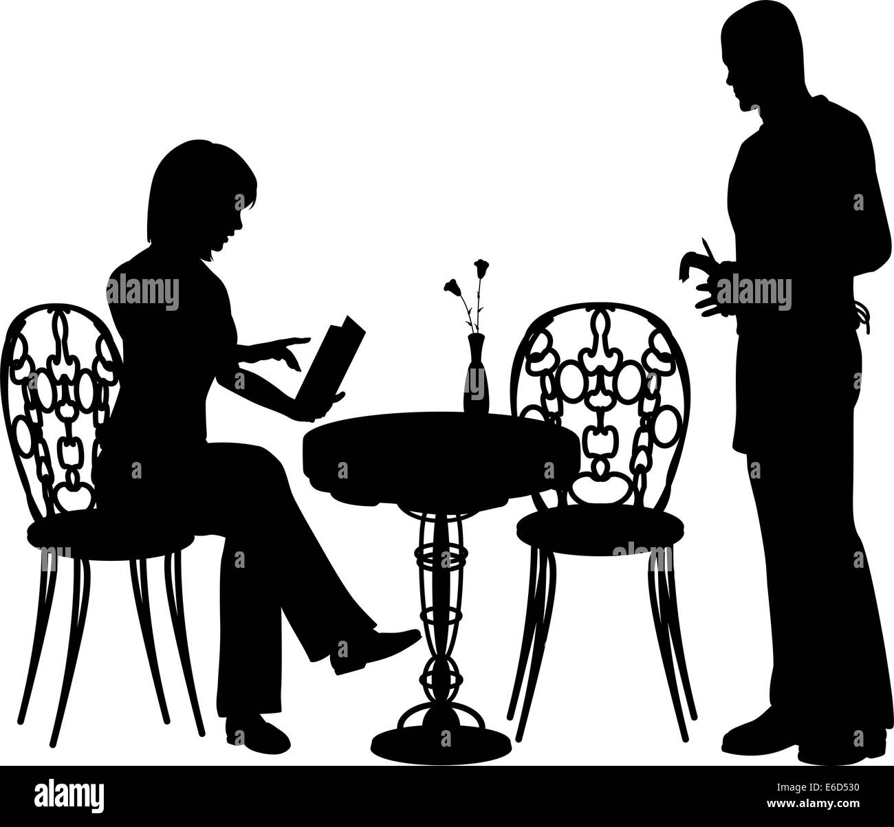 Vettore modificabile silhouette di donna ordinare cibo e bevande da un cameriere in un bar o un ristorante con tutti gli oggetti come separati Illustrazione Vettoriale