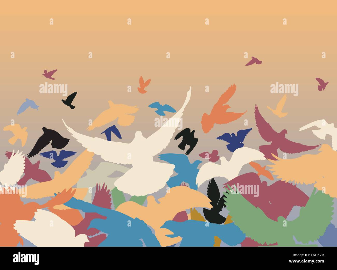 Il design del vettore di un gregge di coloratissimi piccioni prendendo il largo Illustrazione Vettoriale